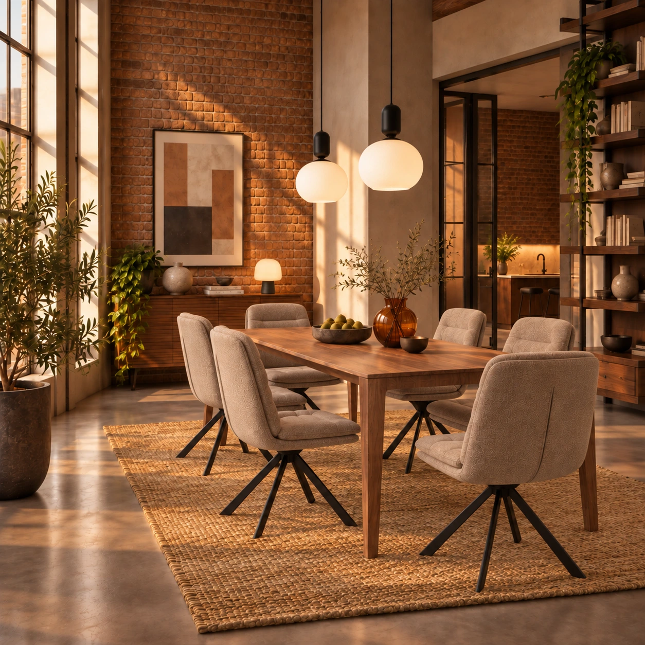 Esszimmer mit Holztisch und Stühlen in taupe